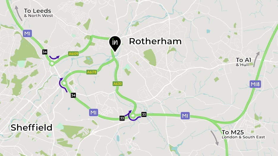 Map highlighting the location of AESSEAL New York Stadium in relation to it's nearest Motorways, the M1 and the M18