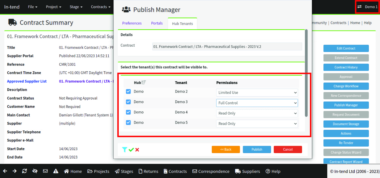 A screen shot of the In-tend Hub. A Contract setup wizard is displayed and a section showing access permissions is highlighted